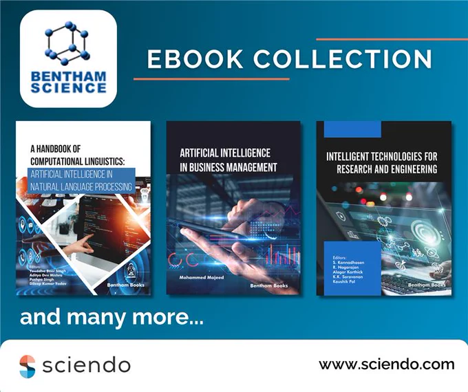 A collection of eBooks from Bentham Science, featuring titles on computational linguistics, artificial intelligence in business management, and intelligent technologies for research and engineering