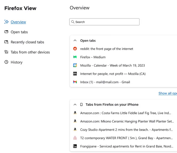 Screenshot of the Firefox View interface. On the left is a vertical menu with icons and text labels: Overview, Open tabs, Recently closed tabs, Tabs from other devices, and History. The main part of the screen shows the "Open tabs" section with a list of active website tabs. Below that is a section titled "Tabs from Firefox on your iPhone" listing various active sites that are open on an iphone. 