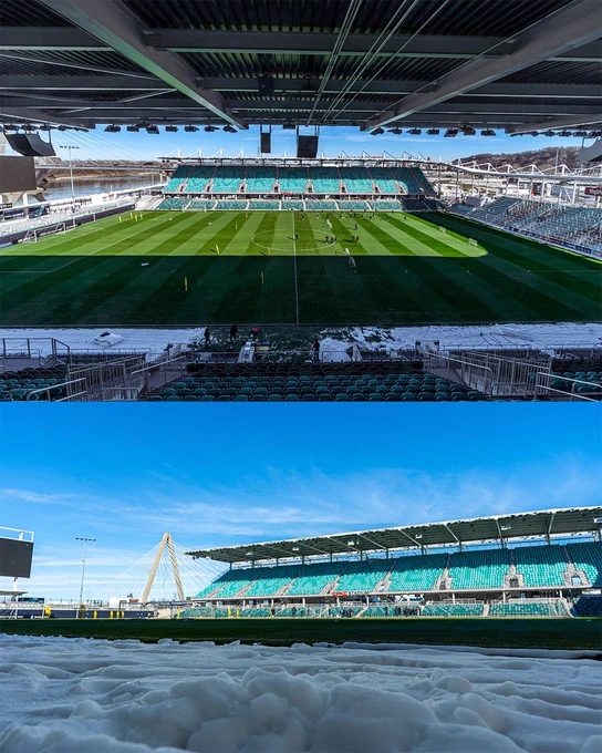 Wide shot of the East Stand at CPKC Stadium with KC Currenr training on the pitch above a photo from the ground showing the snow off the pitch on the West side facing the East Stand