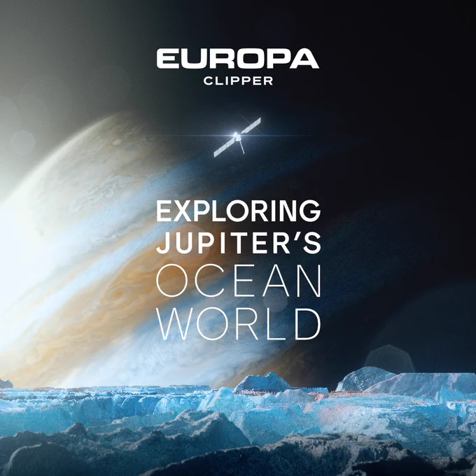 An artist's illustration with an image of Jupiter above Europa's icy crust, with the Europa Clipper spacecraft in the back. Europa Clipper's logo is centered above the words "Exploring Jupiter's Ocean World." Credit: NASA/JPL-Caltech