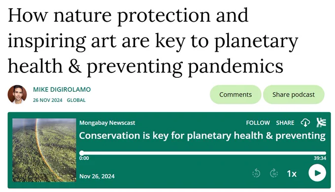 How nature protection and inspiring art are key to planetary health and preventing pandemics. This Mongabay Newscast was published on November 26, 2024.