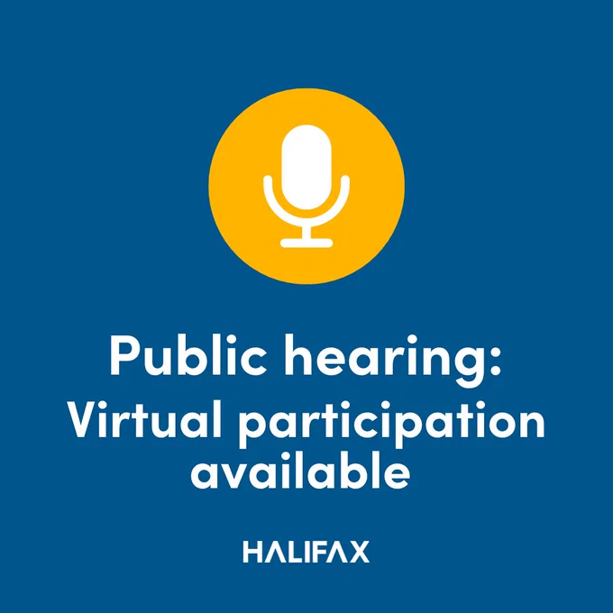 A medium blue background with a yellow circle with an illustrated microphone in the middle. Text reads: "Public hearing: Virtual participation available"