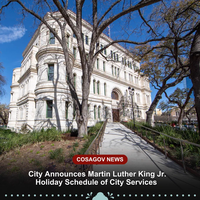 A view of a ramp leading to San Antonio City Hall.

The caption reads: "COSAGOV NEWS. City Announces Martin Luther King Jr. Holiday Schedule of City Services."