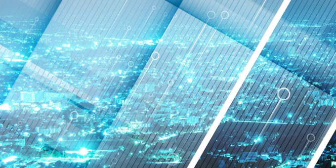 Abstract futuristic image featuring geometric shapes overlaid on a blurred cityscape with digital elements and blue tones.