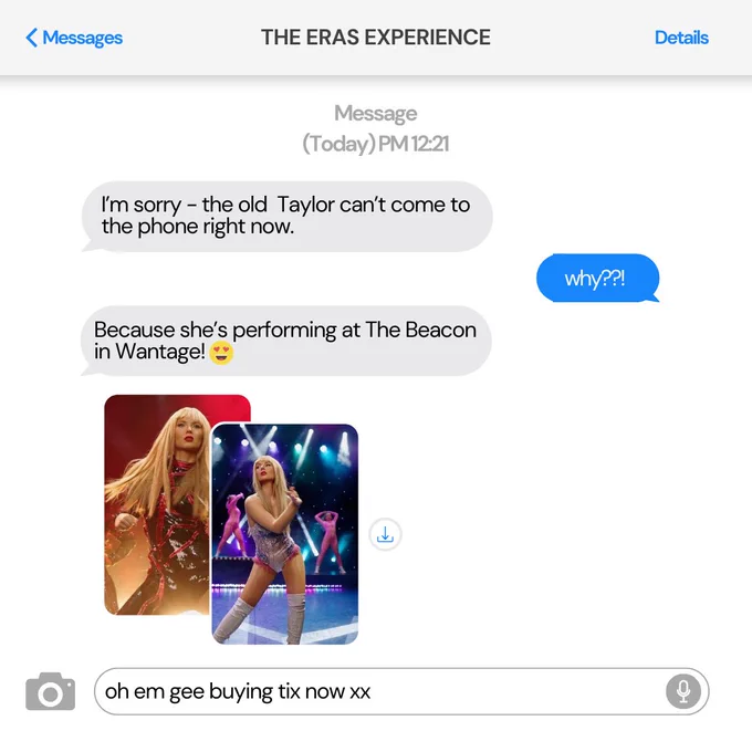 A text message between two people who are excited about Taylor Swift tribute Xenna performing at The Beacon!