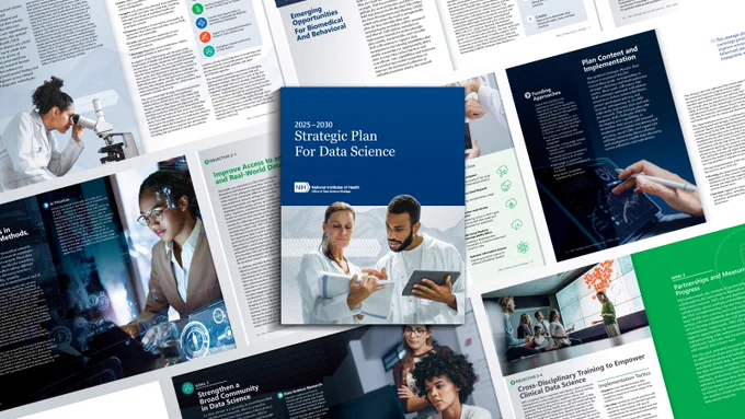 Collage showing the cover and selected pages of the 2025 – 2030 NIH Strategic Plan for Data Science.