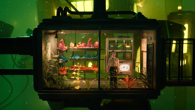 Harold explores the botanical section of The Fedora, a spaceship that has crash-landed onto an oceanic world, and now lies submerged like a reverse fish tank.