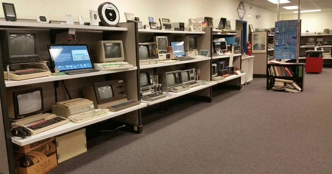 here are exhibits featuring computers from acorn, tandy, some S-100 stuff, and in the distance, you can see some commodores....