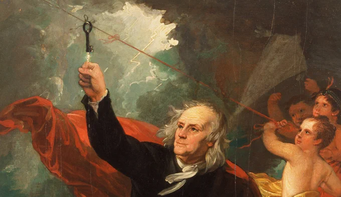 Painting of Benjamin Franklin conducting his famous kite experiment to study electricity, depicted with a dramatic sky in the background and assisted by three cherubic figures.