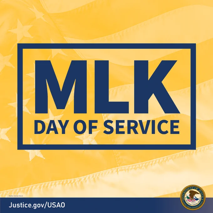 MLK Day of Service. Text is in bold navy-blue font with a navy-blue border around it. The background is a close-up of a section of the American flag with a yellow tint on it. Justice.gov/USAO