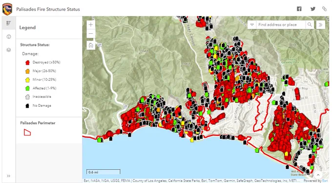The image shows damage inspection maps from the Palisades Fire. 