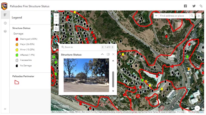 The image shows damage inspection maps from the Palisades Fire.  