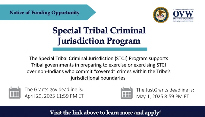 Notice of Funding Opportunity
Special Tribal Criminal Jurisdiction Program
The Special Tribal Criminal Jurisdiction (STCJ) Program supports Tribal governments in preparing to exercise or exercising STCJ over non-Indians who commit "covered" crimes within the Tribe's jurisdictional boundaries.
The Grants.gov deadline is: April 29, 2025 11:59 PM ET
The JustGrants deadling is: May 1, 2025 8:59 PM ET
Visit the link above to learn more and apply!