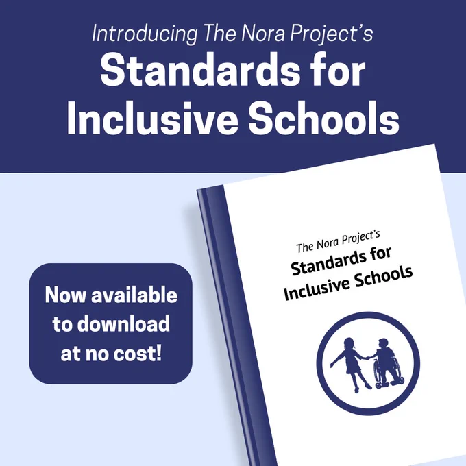 a light blue graphic has a navy blue rectangle at the top with white text that reads ‘Introducing The Nora Project’s Standards for Inclusive Schools’ with the Standard’s cover tilted in the corner. To the left is a navy blue rounded rectangle that reads ‘Now available to download at no cost!’