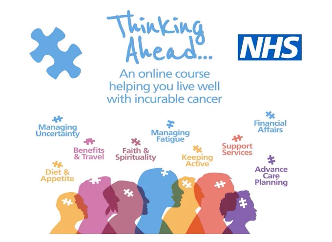 Promotional graphic for 'Thinking Ahead,' an online course by NHS. Features various topic icons like Managing Uncertainty, Diet & Appetite, and Financial Services.