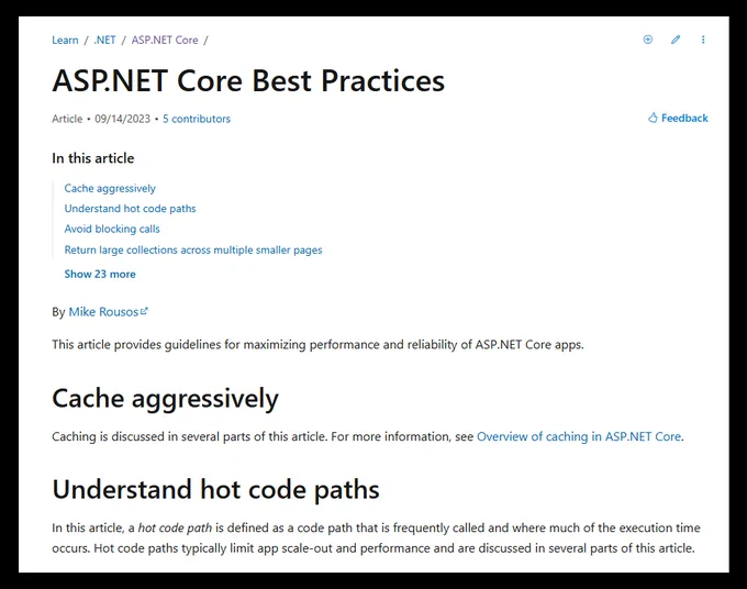ASP .NET Core Best Practices MS Learn page screenshot