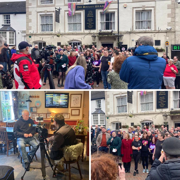 A collection of photos of the award ceremony at the Bailey Head. People are gathered outside the pub, with camera crews filming the event. / A collection of photos of the award ceremony at the Bailey Head. People are gathered outside the pub, with camera crews filming the event.