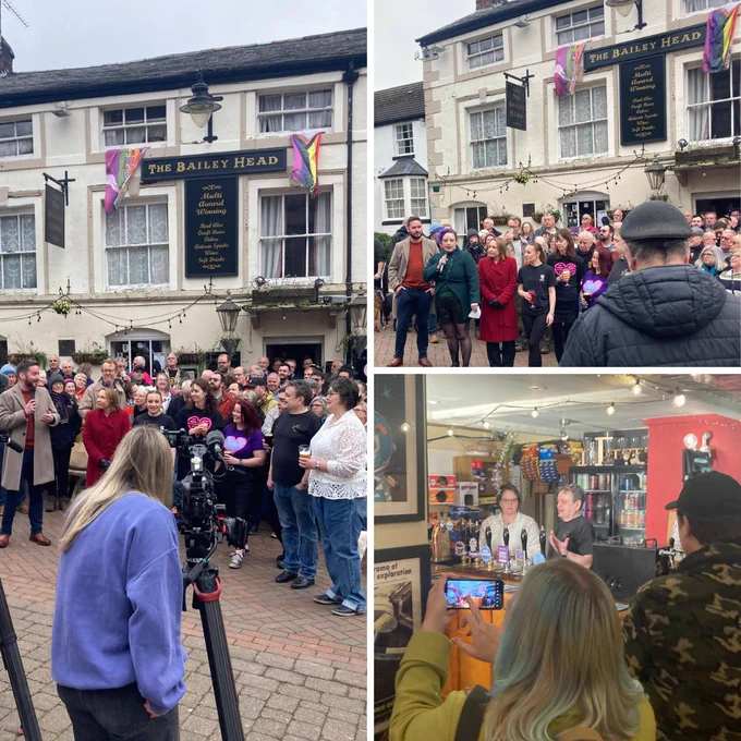 A collection of photos of the award ceremony at the Bailey Head. People are gathered outside the pub, with camera crews filming the event. / A collection of photos of the award ceremony at the Bailey Head. People are gathered outside the pub, with camera crews filming the event.