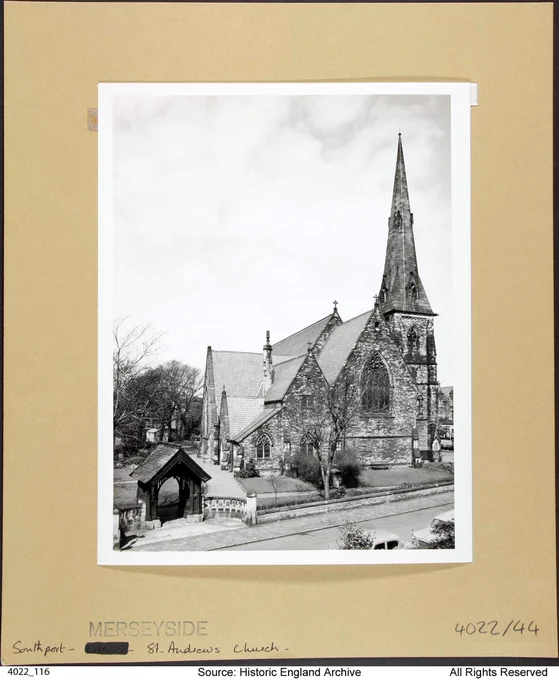 A black and white photograph of a medium sized Victorian church with a prominent steeple. Historic England Archive 4022_116, from the England's Places collection. 