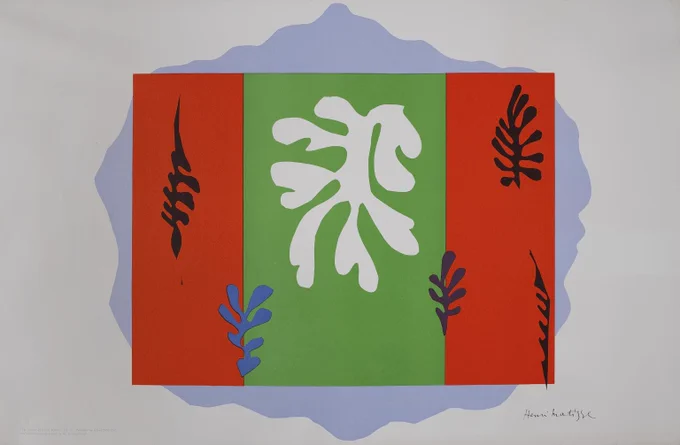 An artwork by Henri Matisse featuring a bold cut-out of a white leaf-like shape centred on a green background, with red panels either side of the main leaf design with smaller black leaf motifs.