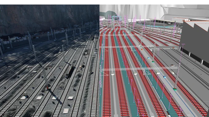 Railway tracks extending into the distance with a blend of real-world imagery on the left and a computer-generated simulation on the right.