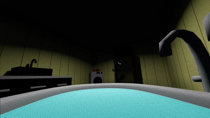 Image from the perspective of a person in a filled bathtub. A strange figure with white glowing eyes stands in the open door and looks around the corner