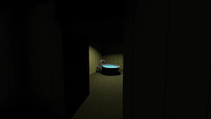 Image of a bathtub filled with water, which stands in a yellow, dark room with a lot of film grain