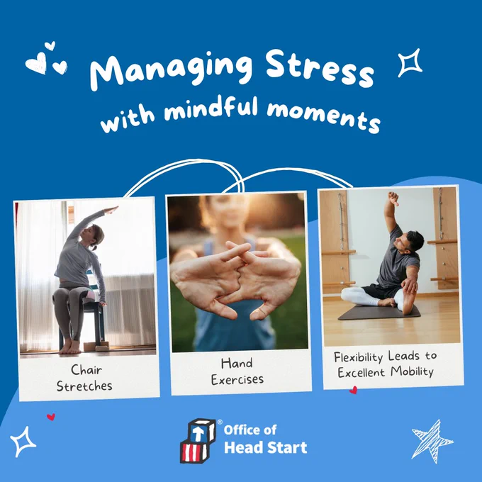 Promotional graphic from the Office of Head Start featuring three images demonstrating stress management techniques: chair stretches, hand exercises, and yoga for improving mobility. Decorated with playful doodles and hearts.