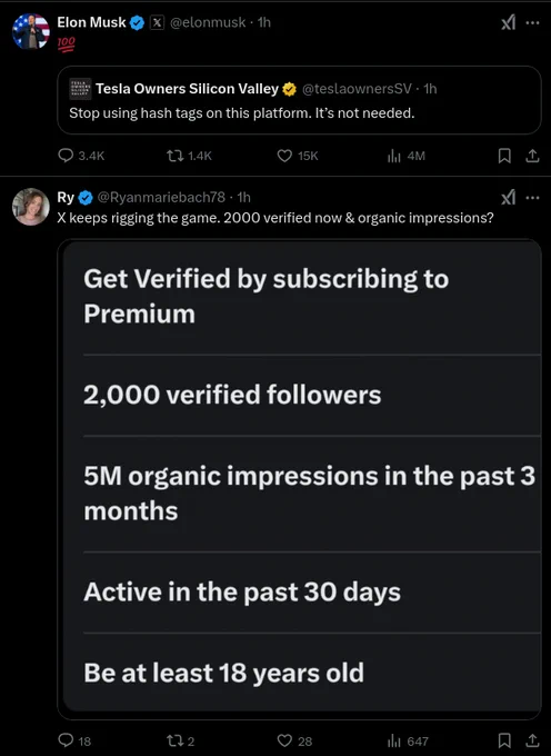 two pictures of screenshots-first depicting "do not use hashtags" by Tesla Owners Sillicon Valley (gold check) & repost by Elon (I play games) Musk-w/ "100% emoji" and with in that a lovely person that I follow stating the goal post is constantly moved for obtaining more money from impressions.  Pushing to first tier payment to premium dangling carrot.  Second Picture, since I like to ruffle feathers and refuse to pay the person who over paid for this venue.  I have to authenticate daily w/ stupid traps and games.  Like match the ship with the barrels or find the measurement on a scale.  This pushes away people like me that could bring awesome parity to this "show of shit".  Thank you for your time, no proper grammar cause we are in a Idiocracy real movie.  This is all said by someone that bothers you like a tick.  Good Night, enjoy that real food that you can afford.  -berto
