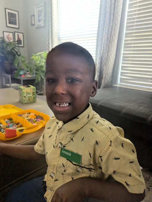 A child with a big smile, wearing a beige shirt with black insect prints, stands in a living room with a toy playset in the background.