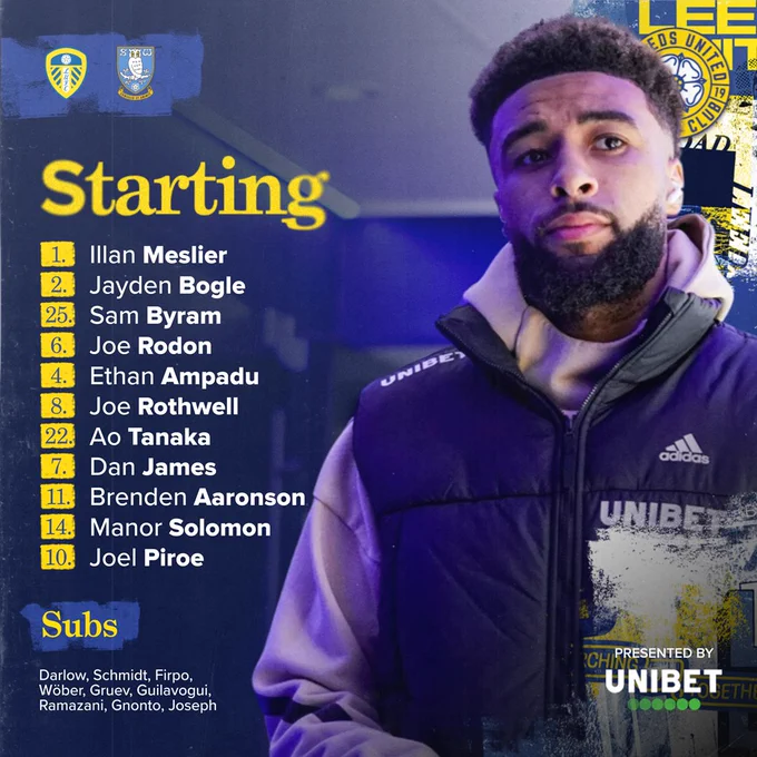 Starting XI: Meslier, Bogle, Byram, Rodon, Ampadu, Rothwell, Tanaka, James, Aaronson, Solomon, Piroe