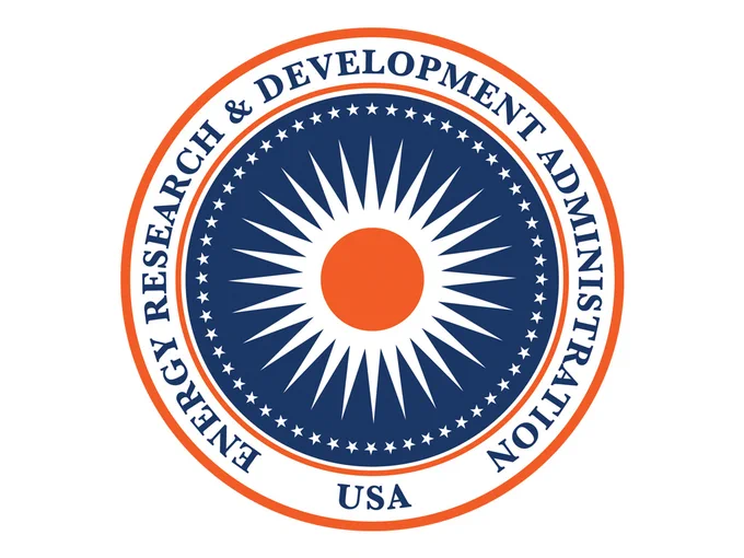 Logo of the National Energy Research & Development Administration USA, featuring a central stylized sun motif in orange and white, encircled by navy blue and orange rings with white text.