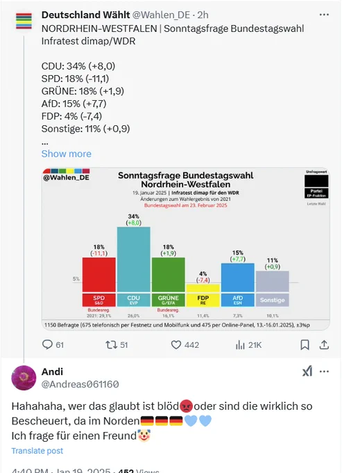 Screenshot von einer Druko unter der Sonntagsfrage Bundeswahl NRW : Andreas061160 antwortet: Hahahaha, wer das glaubt ist blöd😡oder sind die wirklich so Bescheuert, da im Norden🩵🩵
Ich frage für einen Freund🤡