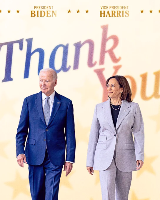 A photo of President Biden and Vice President Kamala Harris overlays a graphic with large text that reads:

Thank you