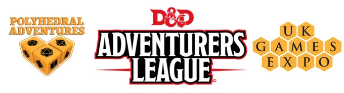 Image shows the logos for Polyhedral Adventures, D&D Adventurers League and UK Games Expo.