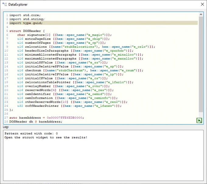 DataExplorer plugin window. Shows how you quickly visualize the IMAGE_DOS_HEADER in x64dbg.