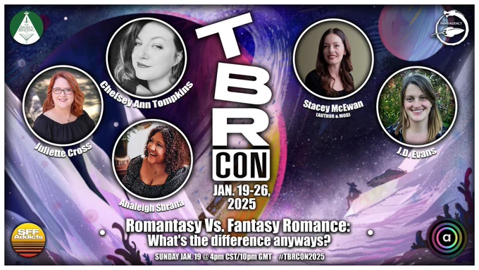 TBRCon 2025's panel on "Romantasy Vs. Fantasy Romance: What's the difference anyways?" starts in 1 hour. Panelists include Stacey McEwan, J.D. Evans, Chelsey Ann Tompkins, Juliette Cross, and Analeigh Sbrana. 