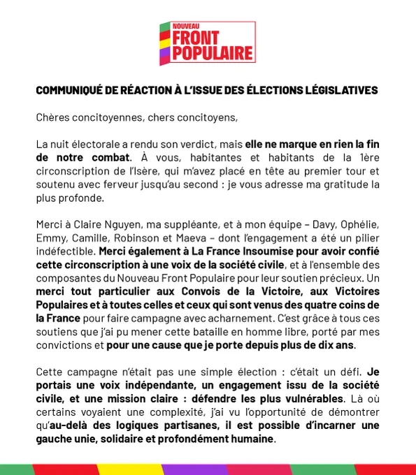 COMMUNIQUÉ DE PRESSE DE RÉACTION À L'ISSUE DES ÉLECTIONS LÉGISLATIVES