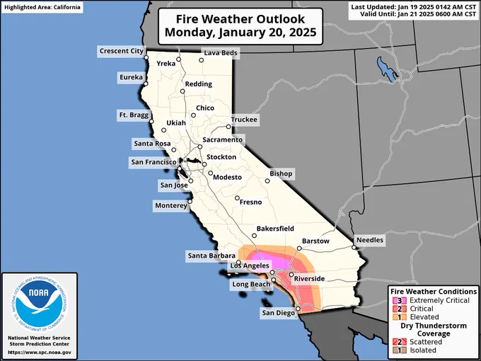 Image from NOAA SPC depicting location of "extremely critical" and "critical" fire risk on Monday, Jan 20, 2025.