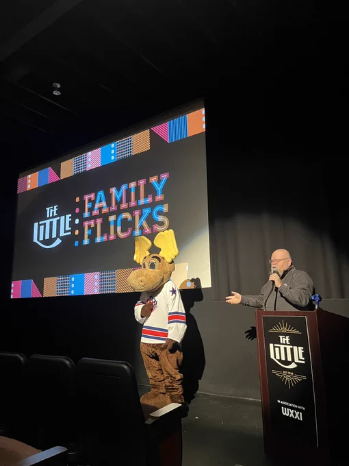 A moose mascot and Amerks announcer
