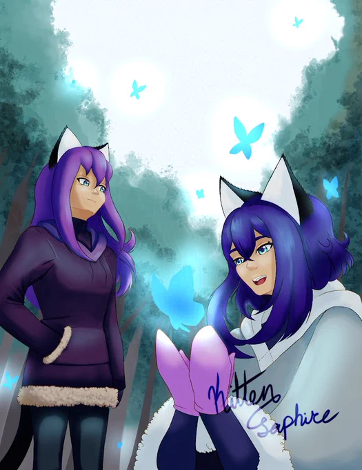 A pair of original characters, Kitten (the purple-haired one shown on the left) and Blueberry (the blue-haired one shown the right), are resting in a forest. Both are wearing winter attire, with Kitten wearing a darker purple fuzzy hoodie and Blueberry wearing a pale blue fluffy shawl and pink gloves. Glowing light blue butterflies surround them and flutter into the air.