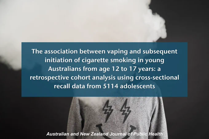 In the background a haze of vape cloud surrounds the head of a person, with only their shoulders, torso and arms visible. Overlayed text reads "The association between vaping and subsequent initiation of cigarette smoking in young Australians from age 12 to 17 years: a retrospective cohort analysis using cross-sectional recall data from 5114 adolescents" "Australian and New Zealand Journal of Public Health"