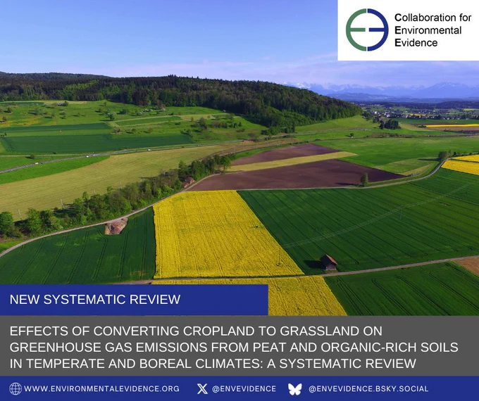 A aerial scene showing agricultural fields, with different types of crops ranging from yellow, to green to brown.  The Collaboration of Environmental Evidence logo is shown in the upper right corner, while in the foreground at the bottom of the image are the words "New systematic review" and the title of the paper "Effects of converting cropland to grassland on greenhouse gas emissions from peat and organic-rich soils in temperate and boreal climates: a systematic review". Photo by Ricardo Gomez Angel on Unsplash.