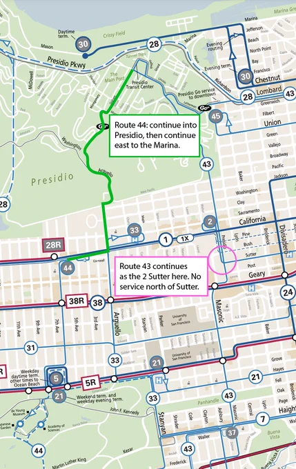 Screenshot of the Muni route map depicting the area between Golden Gate Park and the Marina. Two bubbles state "Route 44: continue into the Presidio, then continue east to the Marina" and "Route 43 continues as the 2 Sutter; no service north of Sutter."