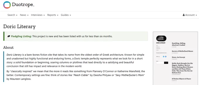 Screenshot of the Doric Literary entry on Duotrope.