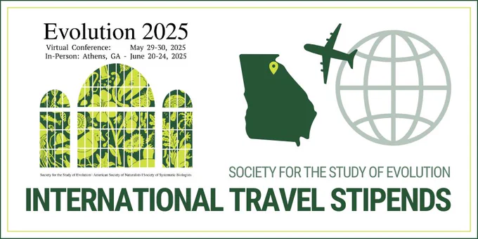 Evolution 2025 logo. A plane traveling from a globe toward a silhouette of Georgia with a pin over Athens. Text: Society for the Study of Evolution International Travel Stipends.