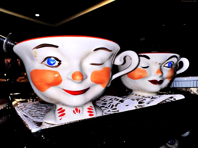 Vintage (1950s) Staffordshire winking tea cup pair