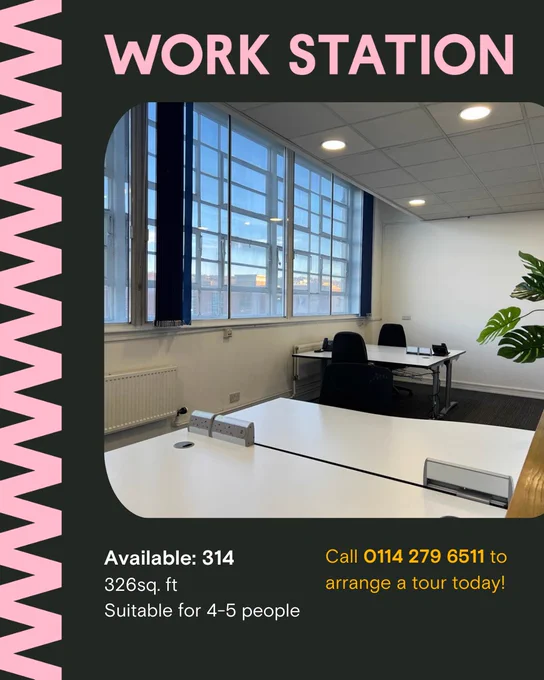 Promotional poster for 'Work Station' featuring an office space with a desk, chairs, and large windows. Includes details like available square footage, capacity, and contact information for tour arrangements.