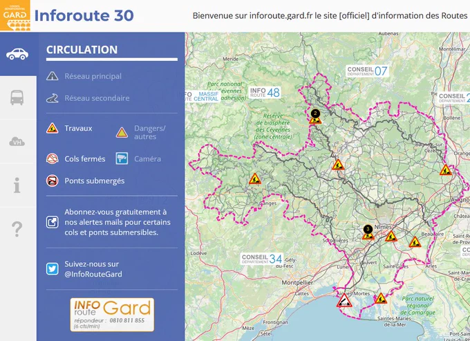 - Via Rhôna entre Aigues-Mortes et le Grau-du-Roi. Du 20 janvier au 30 mai. Travaux sur réseau d'assainissement. Fermeture de la Via Rhôna durant toute la durée des travaux, soirs et week-end compris. Suivre la déviation locale mise en place
- RD135 à Milhaud. Du 20 au 25 janvier. Maintenance du radar tourelle. Un léger empiètement sur la chaussée sera nécessaire
- RD6086 à Bezouce. Du 20 au 24 janvier. Maintenance du radar tourelle. La circulation sera alternée entre 9h et 16h30
- RD986L à Comps. Du 20 janvier au 7 févirier. Création d’un réseau électrique. La circulation sera alternée entre 9h et 16h30
- RD135 Vauvert - Le Cailar. Du 22 au 23 janvier. Fermeture du Passage à niveau vers le pont des Tourradons de nuit entre 20h et 7h. Suivre la déviation locale mise en place.