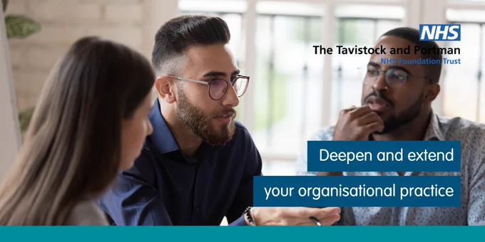 The background shows three colleagues in discussion and thinking about complex issues. There is a wall behind them and windows. Accompanying copy is split across two lines and reads 'Deepen and extend your organisational practice'.